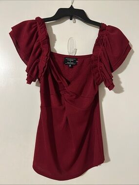 Flower + Feather Wine Red Ruffle Sleeve Blouse